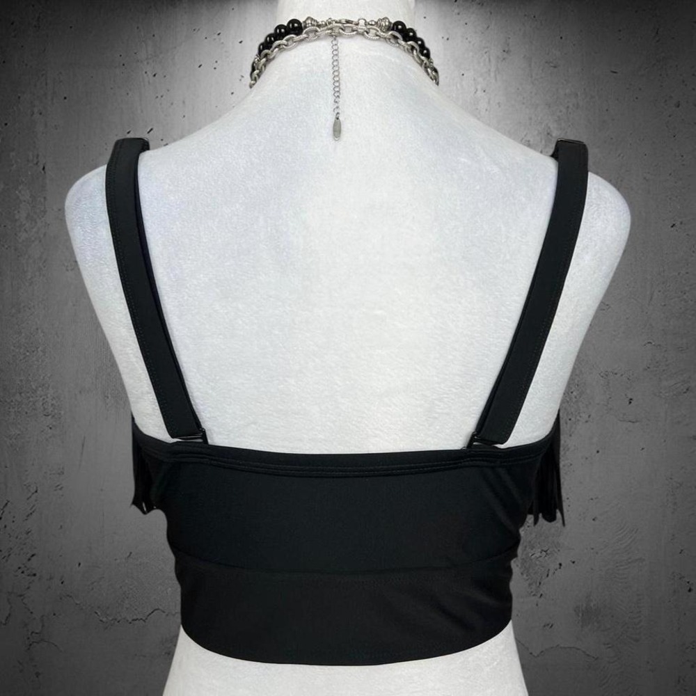 Black Festival Boho Fringe Tassel Cropped Stretchy Swimwear Summer Top - Picture 3 of 5